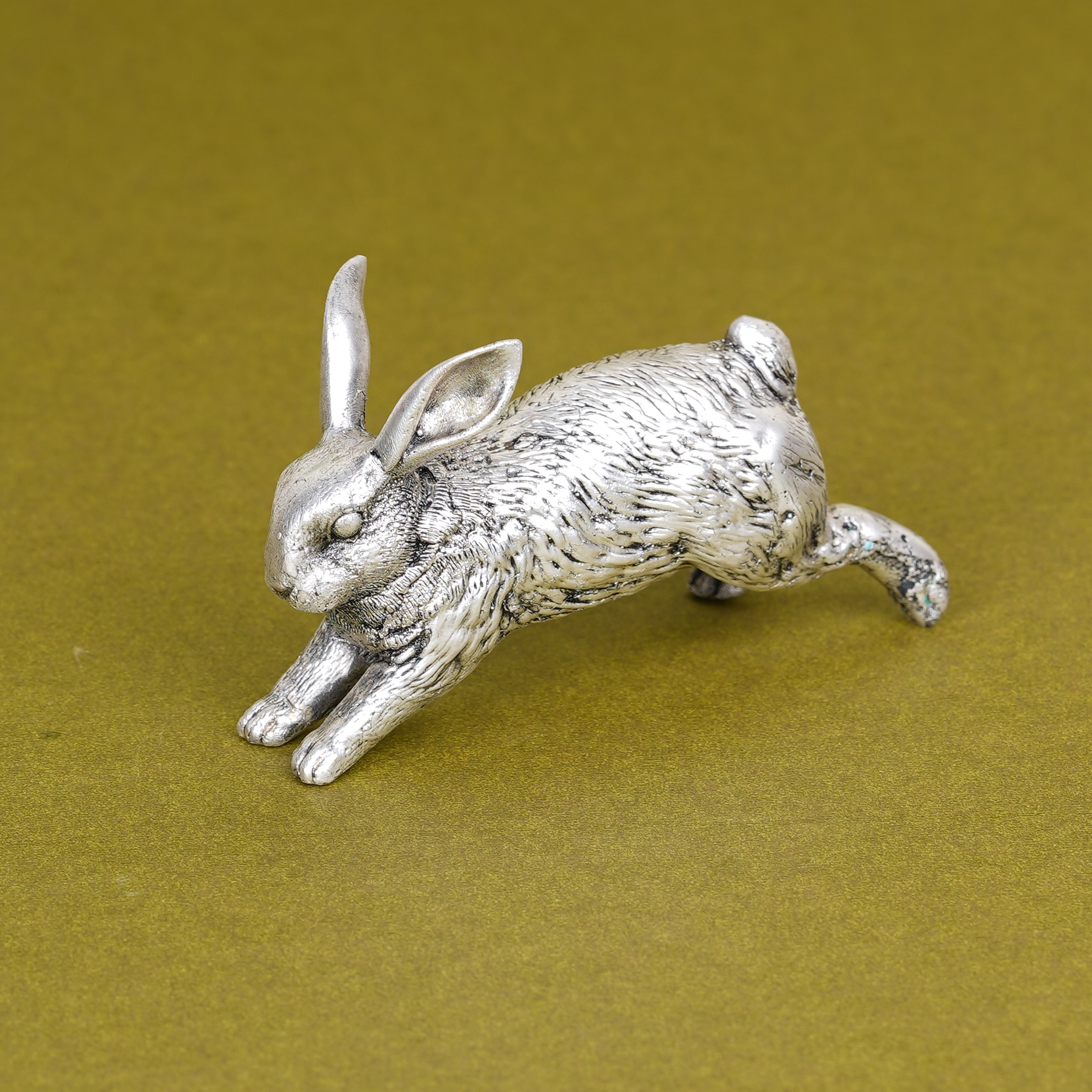 Pure Silver Plated Brass Running Rabbit Paperweight | Luxury Hare in Motion Sculpture | Premium Artisan Desk Décor & Collectible Showpiece