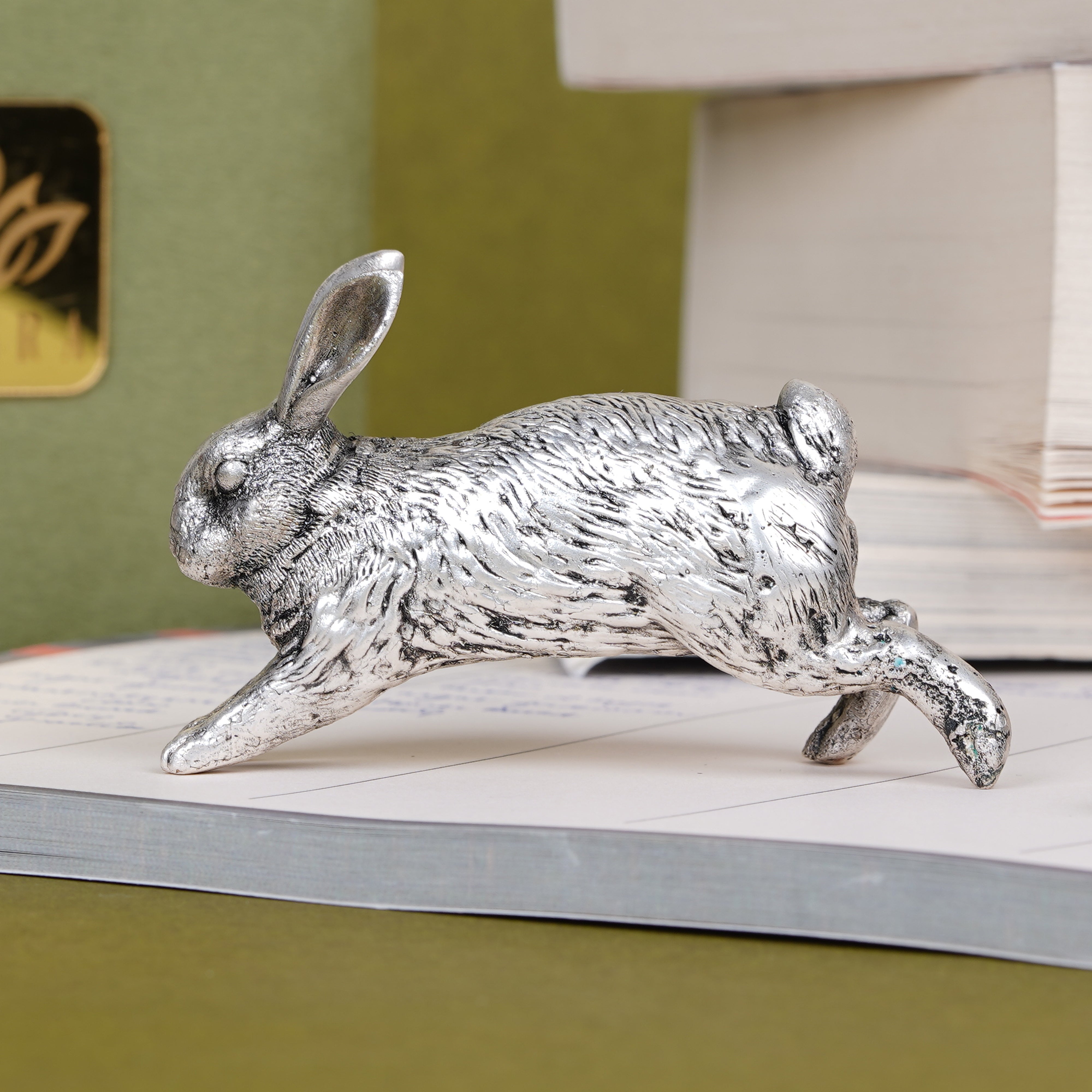 Pure Silver Plated Brass Running Rabbit Paperweight | Luxury Hare in Motion Sculpture | Premium Artisan Desk Décor & Collectible Showpiece
