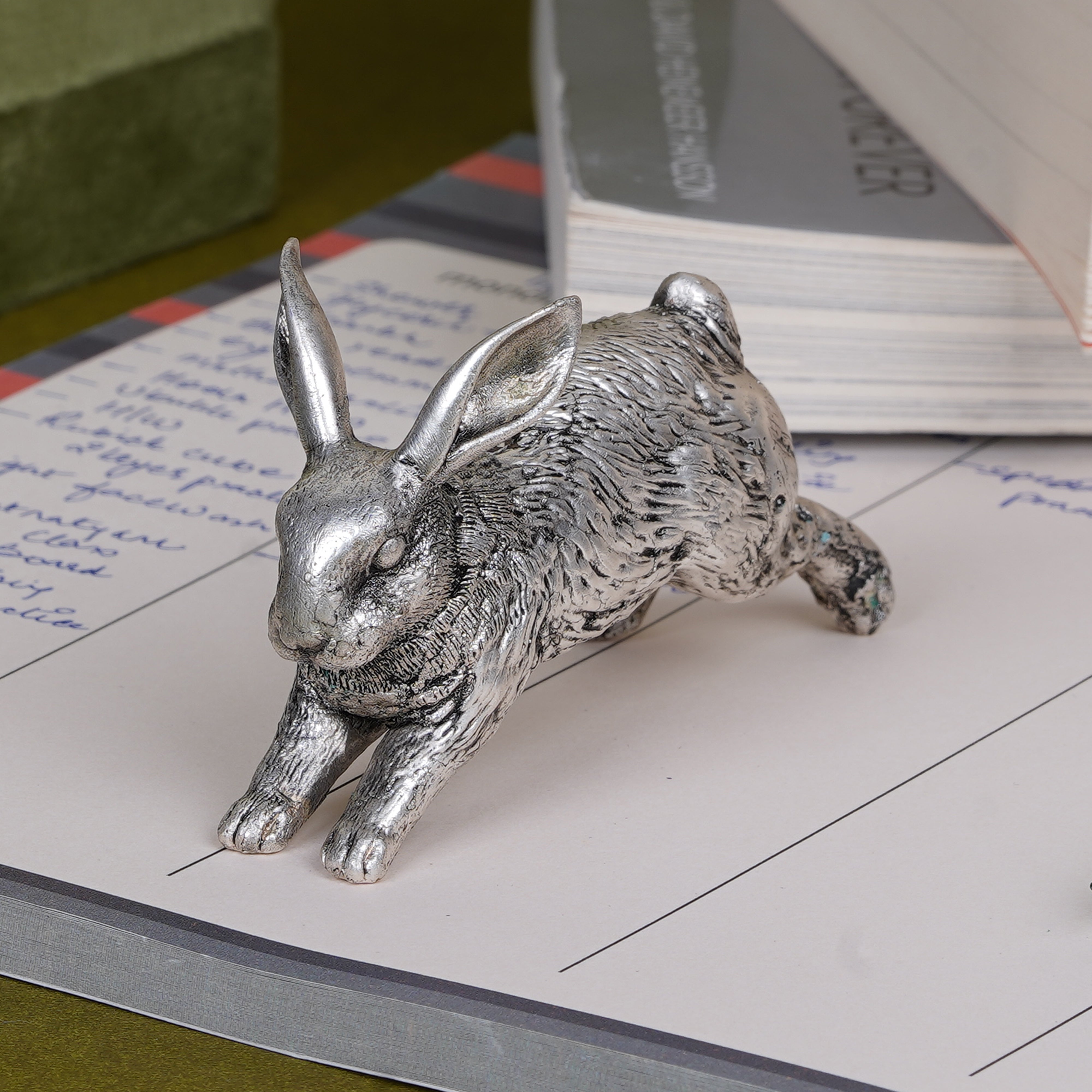Pure Silver Plated Brass Running Rabbit Paperweight | Luxury Hare in Motion Sculpture | Premium Artisan Desk Décor & Collectible Showpiece