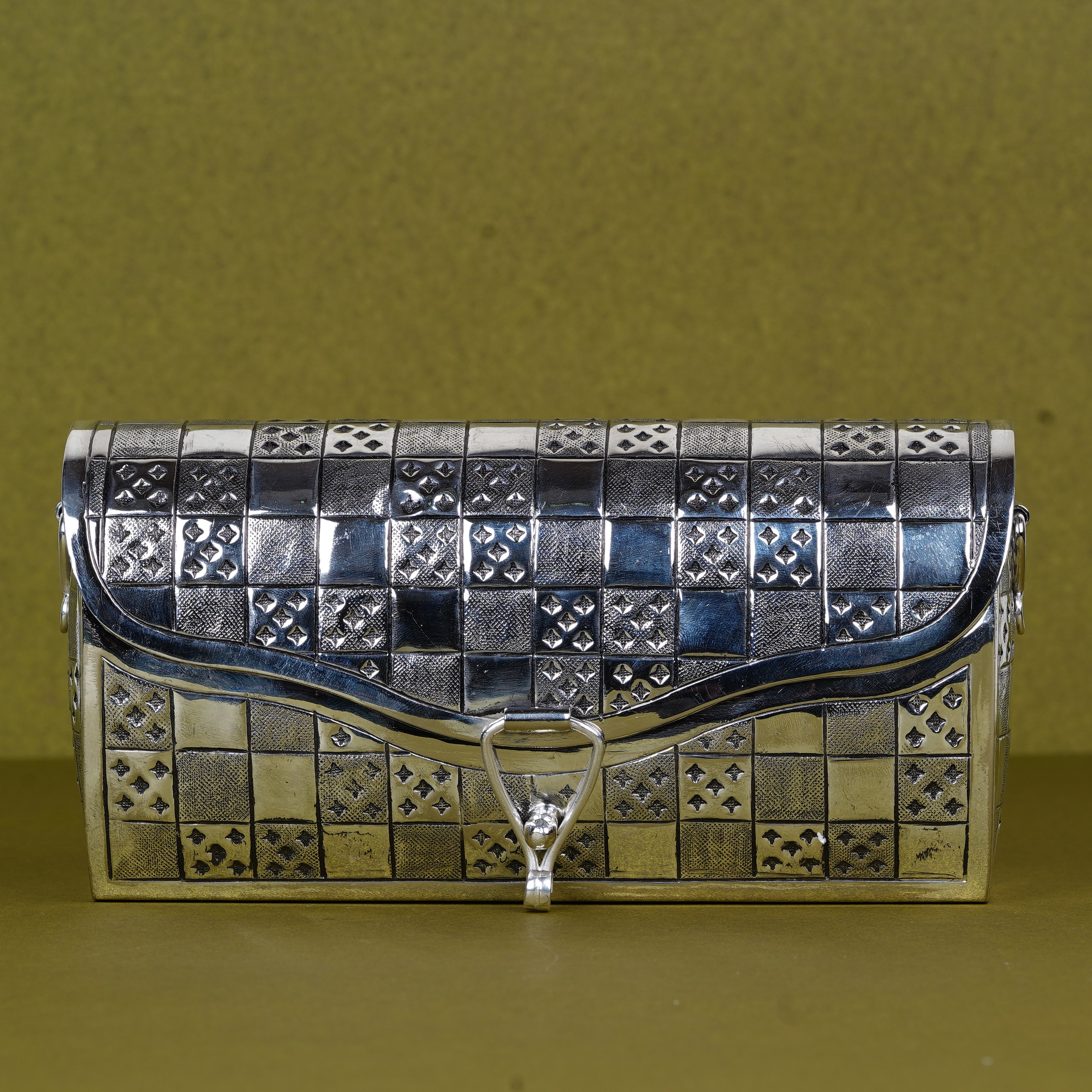 Pure Silver Plated Brass Checkered Clutch Purse | Luxury Multi-Texture Metal Evening Bag | Premium Artisan Statement Accessory