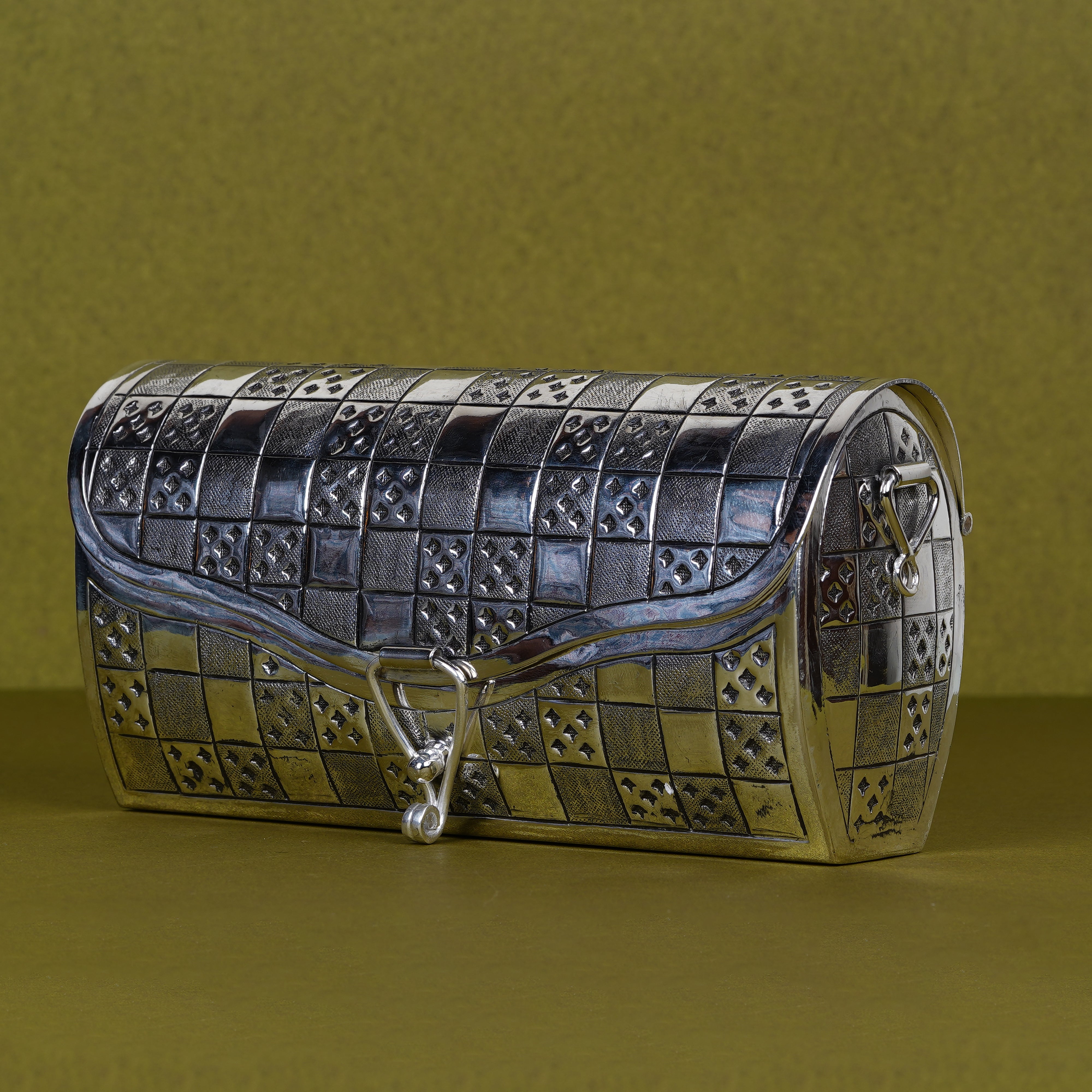 Pure Silver Plated Brass Checkered Clutch Purse | Luxury Multi-Texture Metal Evening Bag | Premium Artisan Statement Accessory