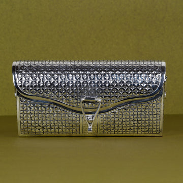 Pure Silver Plated Brass Filigree Clutch Purse | Luxury Geometric Pattern Metal Evening Bag | Premium Artisan Statement Accessory