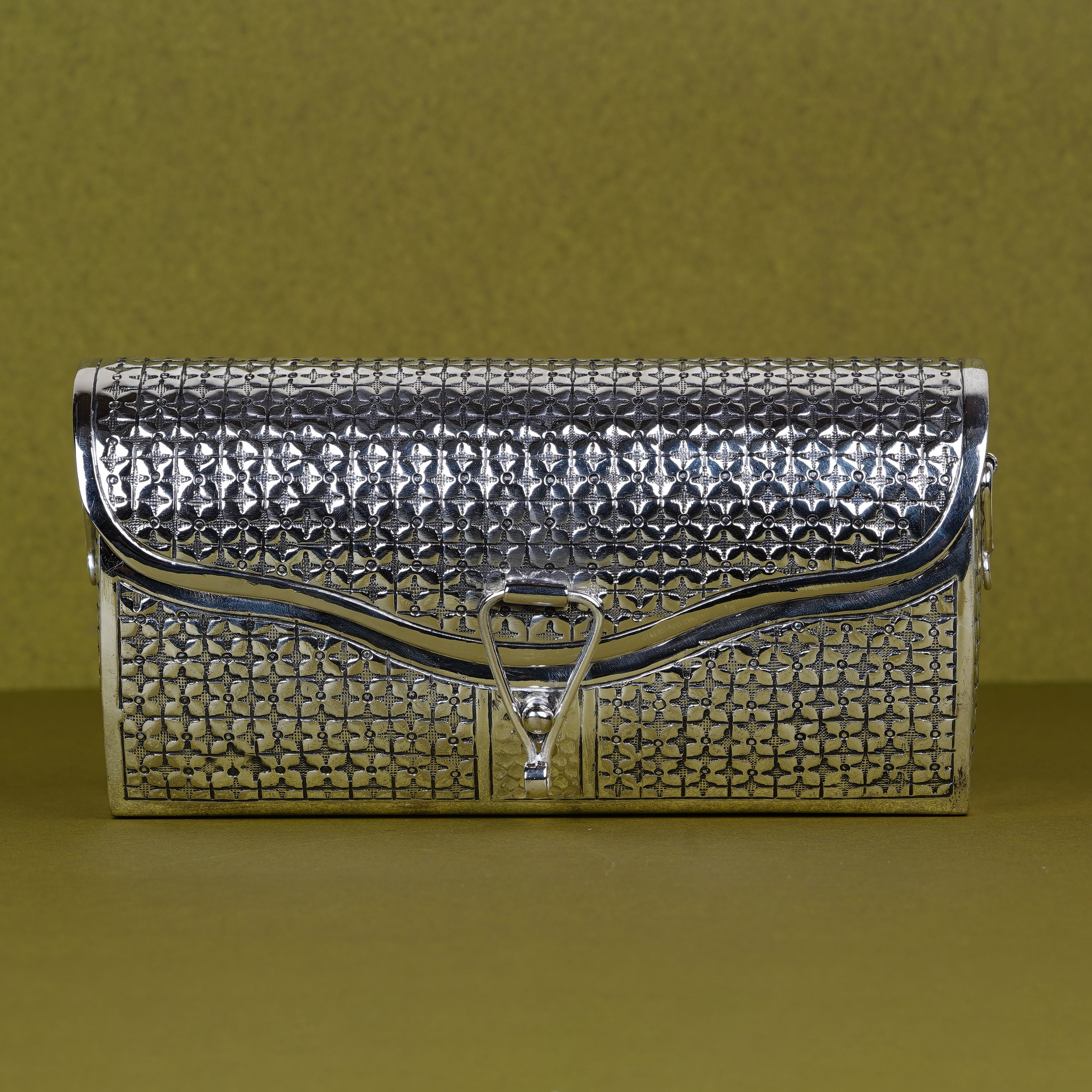 Pure Silver Plated Brass Filigree Clutch Purse | Luxury Geometric Pattern Metal Evening Bag | Premium Artisan Statement Accessory