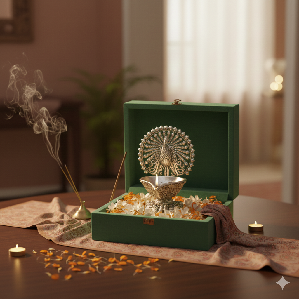 Pure Silver Plated Brass Peacock Diya | Luxury Mayur Deepak with Filigree Feathers | Premium Pooja & Festive Décor | Sacred Oil Lamp