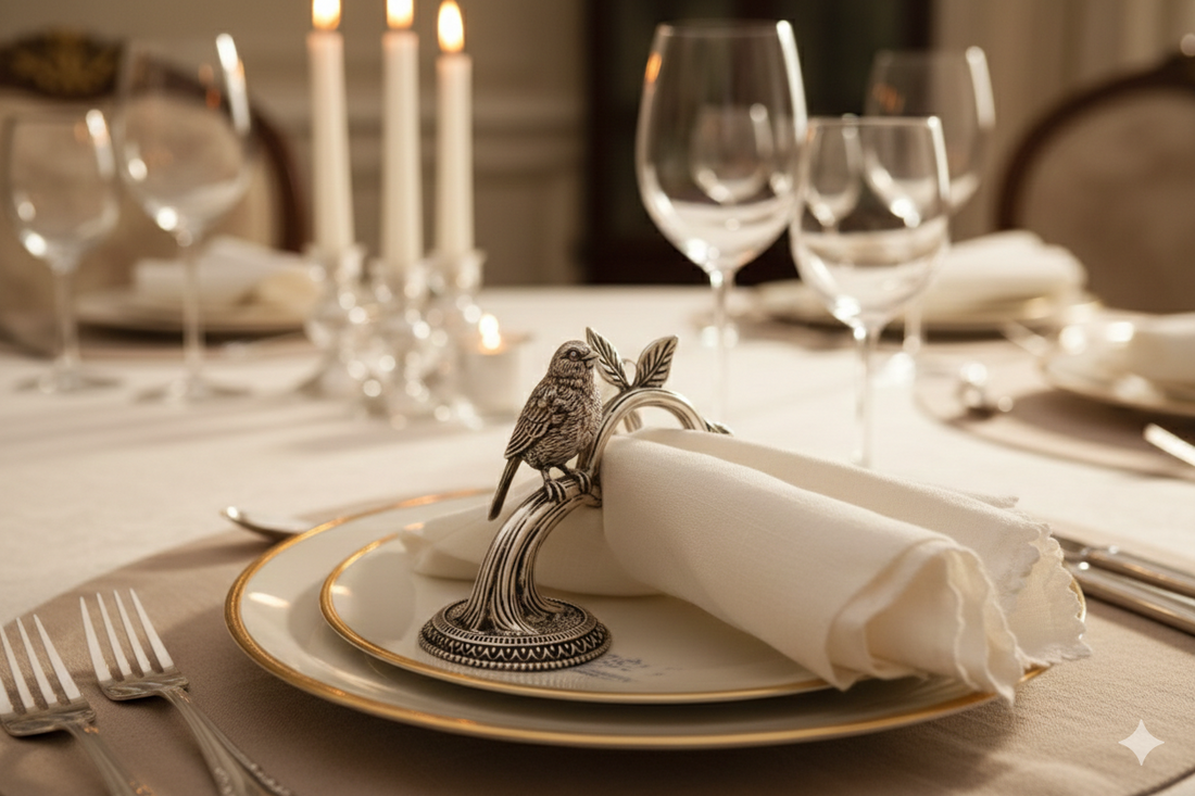 Pure Silver Plated Brass Bird on Branch Napkin Ring Set | Luxury Nature-Inspired Table Décor | Set of 4 or 6 | Premium Dining Accessory