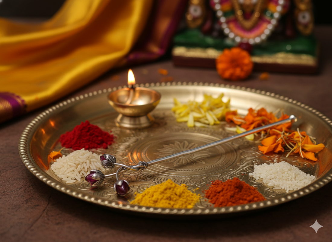 Trishakti Tilak Stick – Silver Finish Sacred Tilak Applicator with Triple Lotus Ends