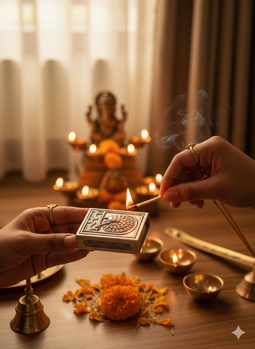 Pure Silver Plated Brass Peacock Matchbox Cover | "Let There Be Light" Sacred Design | Premium Pooja & Home Décor Accessory