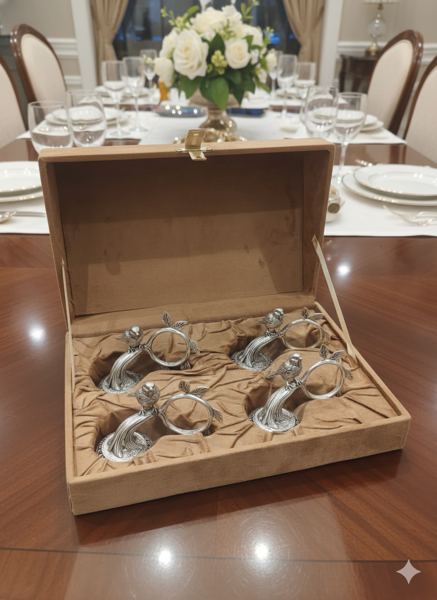 Pure Silver Plated Brass Bird on Branch Napkin Ring Set | Luxury Nature-Inspired Table Décor | Set of 4 or 6 | Premium Dining Accessory