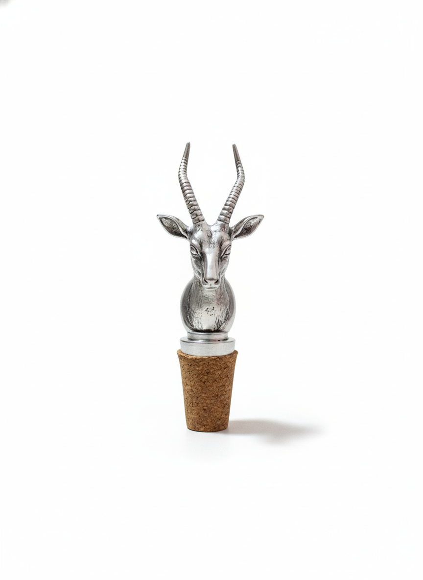 Pure Silver Plated Brass Antelope Wine Bottle Stopper | Luxury Gazelle Head with Spiral Horns | Premium Safari Bar Accessory | Gift for Wine Lovers