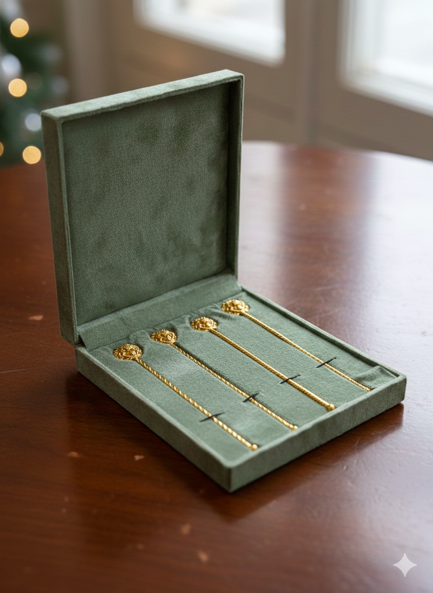 Gold Plated Brass Tiger Head Cocktail Stirrer Set | Luxury Fierce Wild Cat Bar Accessory | Set of 4 | Premium Barware & Gifting