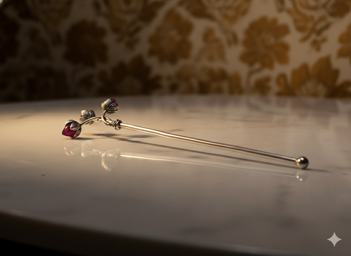 Pure Silver Plated Brass Trishakti Tilak Stick with Ruby Accents | Sacred Triple Flower Design | Premium Pooja & Temple Accessory | Artisan Ritual Tool