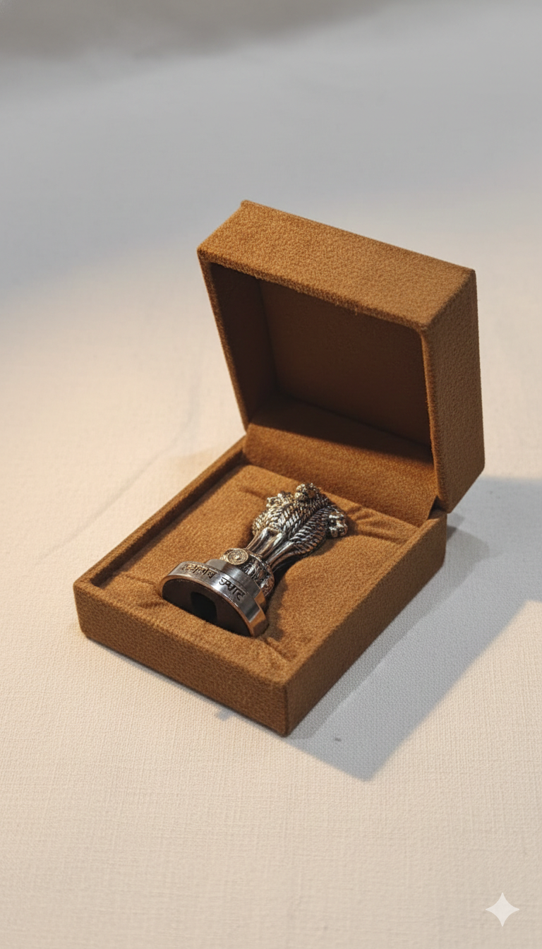 SABERA National Emblem Ashoka Lion Paperweight in Brass with Pure Silver Polish | “Satyameva Jayate” Engraved | Premium Desk Décor & Patriotic Gift