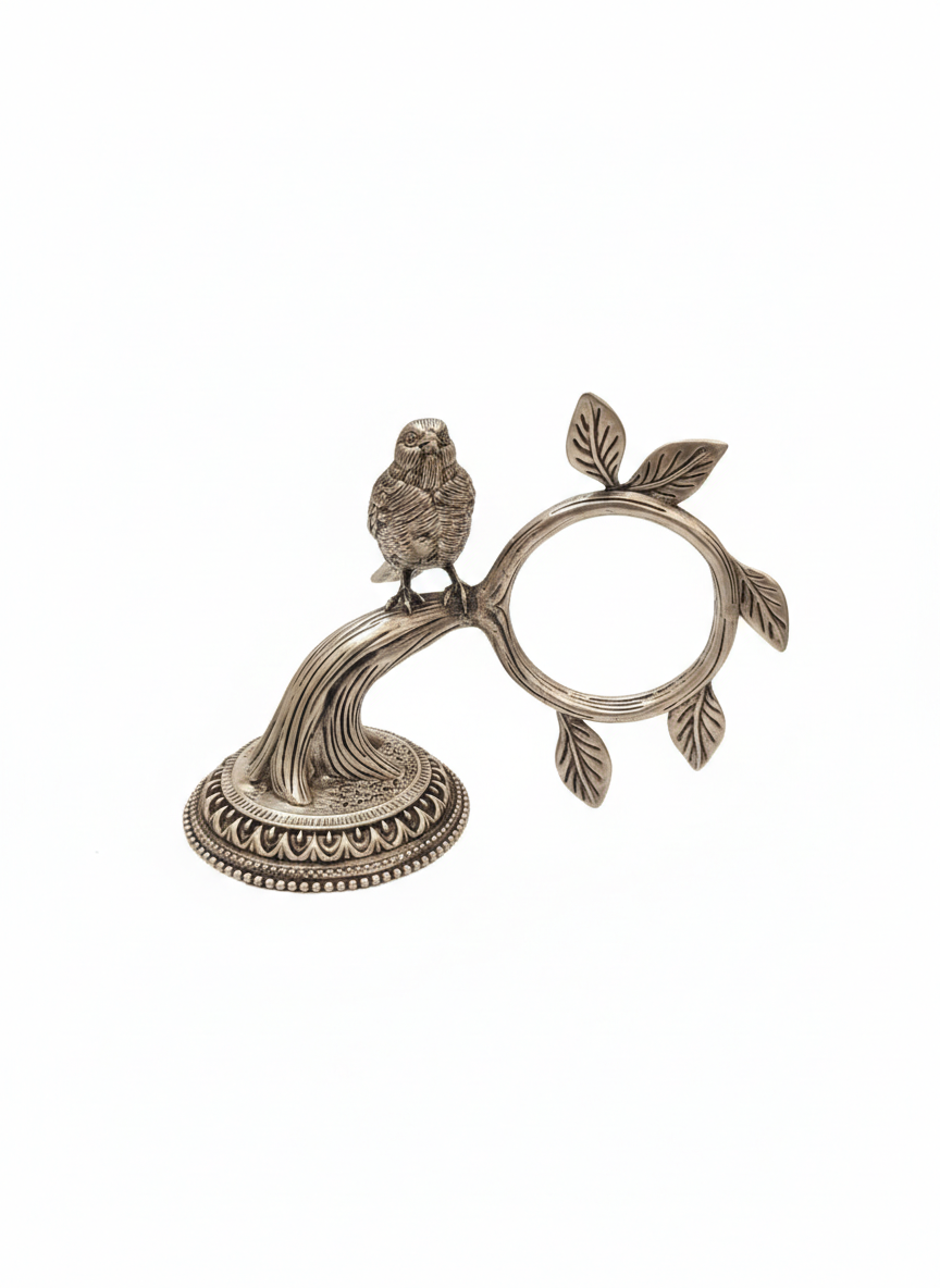 Pure Silver Plated Brass Bird on Branch Napkin Ring Set | Luxury Nature-Inspired Table Décor | Set of 4 or 6 | Premium Dining Accessory
