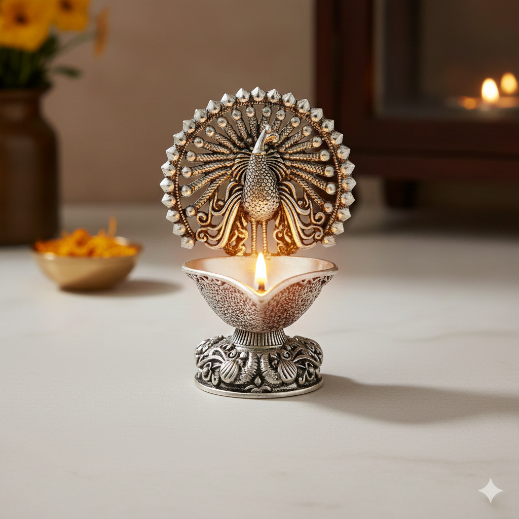 Pure Silver Plated Brass Peacock Diya | Luxury Mayur Deepak with Filigree Feathers | Premium Pooja & Festive Décor | Sacred Oil Lamp