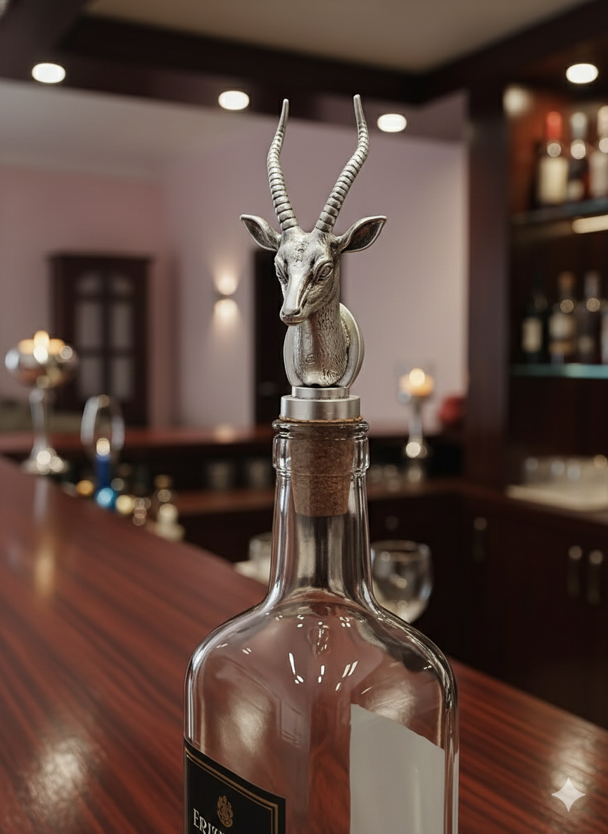 Pure Silver Plated Brass Antelope Wine Bottle Stopper | Luxury Gazelle Head with Spiral Horns | Premium Safari Bar Accessory | Gift for Wine Lovers