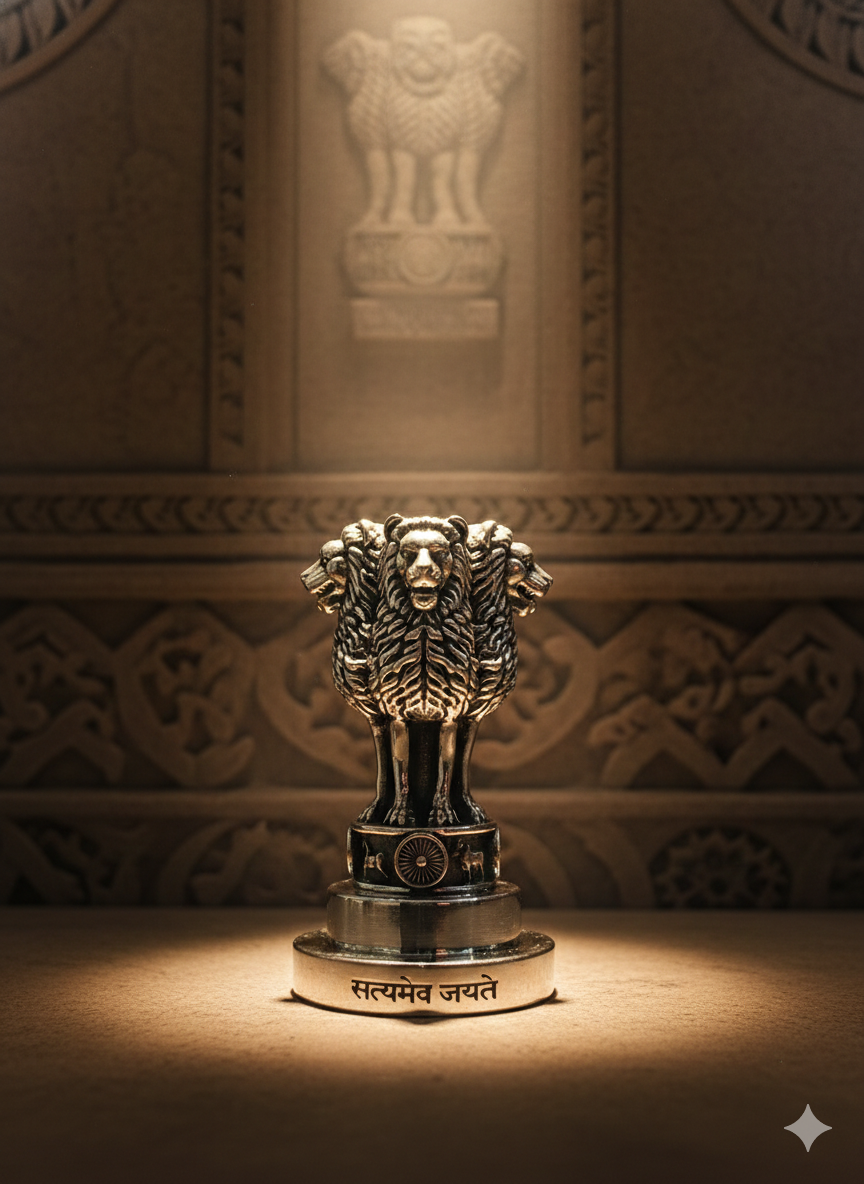 SABERA National Emblem Ashoka Lion Paperweight in Brass with Pure Silver Polish | “Satyameva Jayate” Engraved | Premium Desk Décor & Patriotic Gift