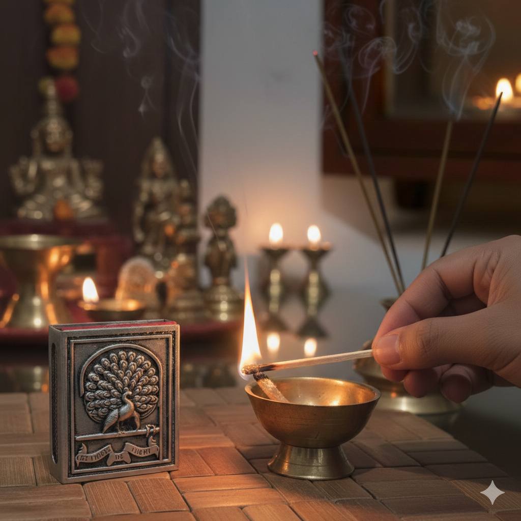 Pure Silver Plated Brass Peacock Matchbox Cover | "Let There Be Light" Sacred Design | Premium Pooja & Home Décor Accessory