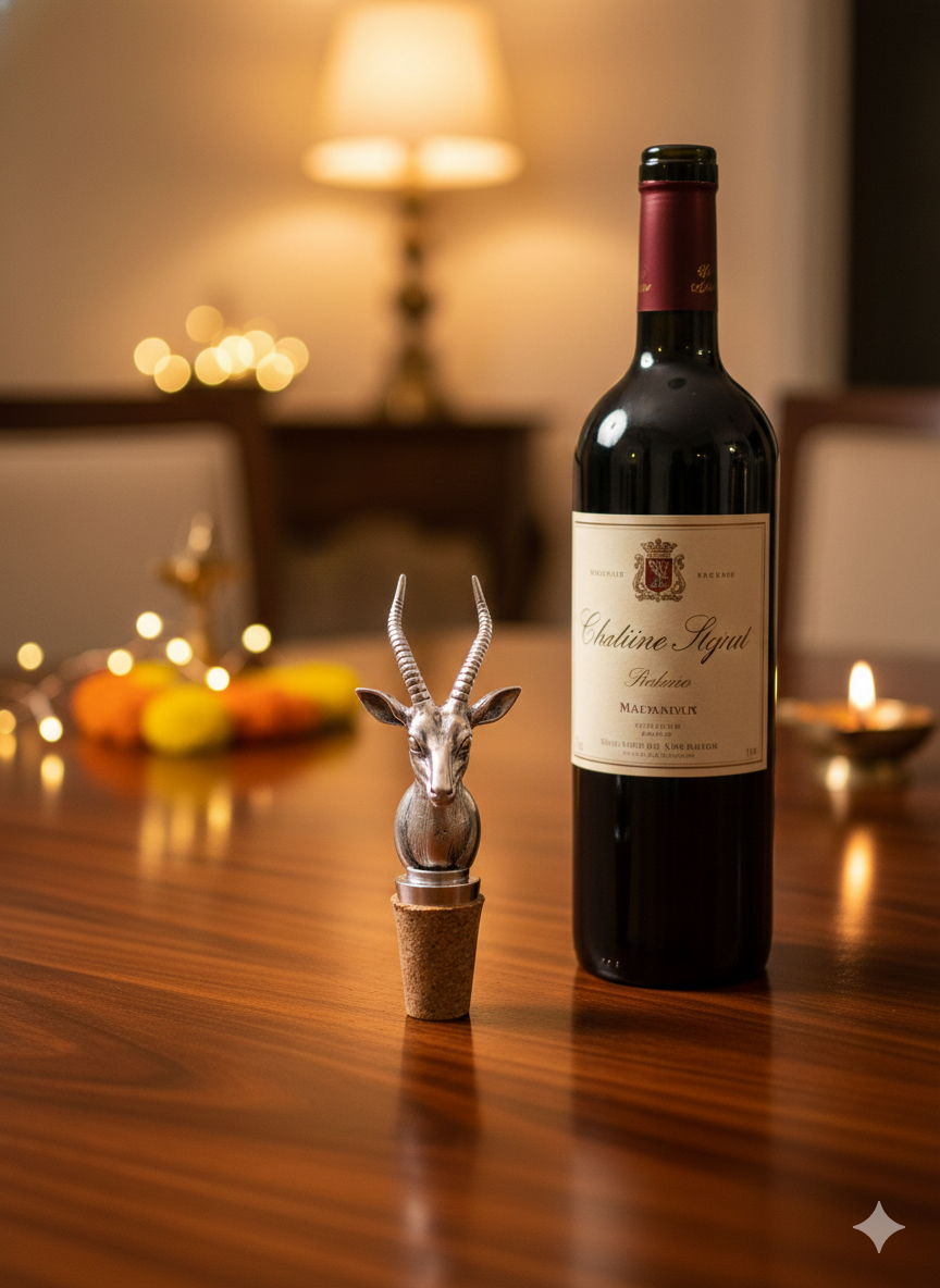 Pure Silver Plated Brass Antelope Wine Bottle Stopper | Luxury Gazelle Head with Spiral Horns | Premium Safari Bar Accessory | Gift for Wine Lovers
