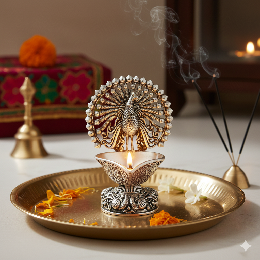 Pure Silver Plated Brass Peacock Diya | Luxury Mayur Deepak with Filigree Feathers | Premium Pooja & Festive Décor | Sacred Oil Lamp