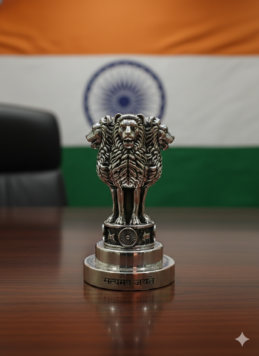 SABERA National Emblem Ashoka Lion Paperweight in Brass with Pure Silver Polish | “Satyameva Jayate” Engraved | Premium Desk Décor & Patriotic Gift