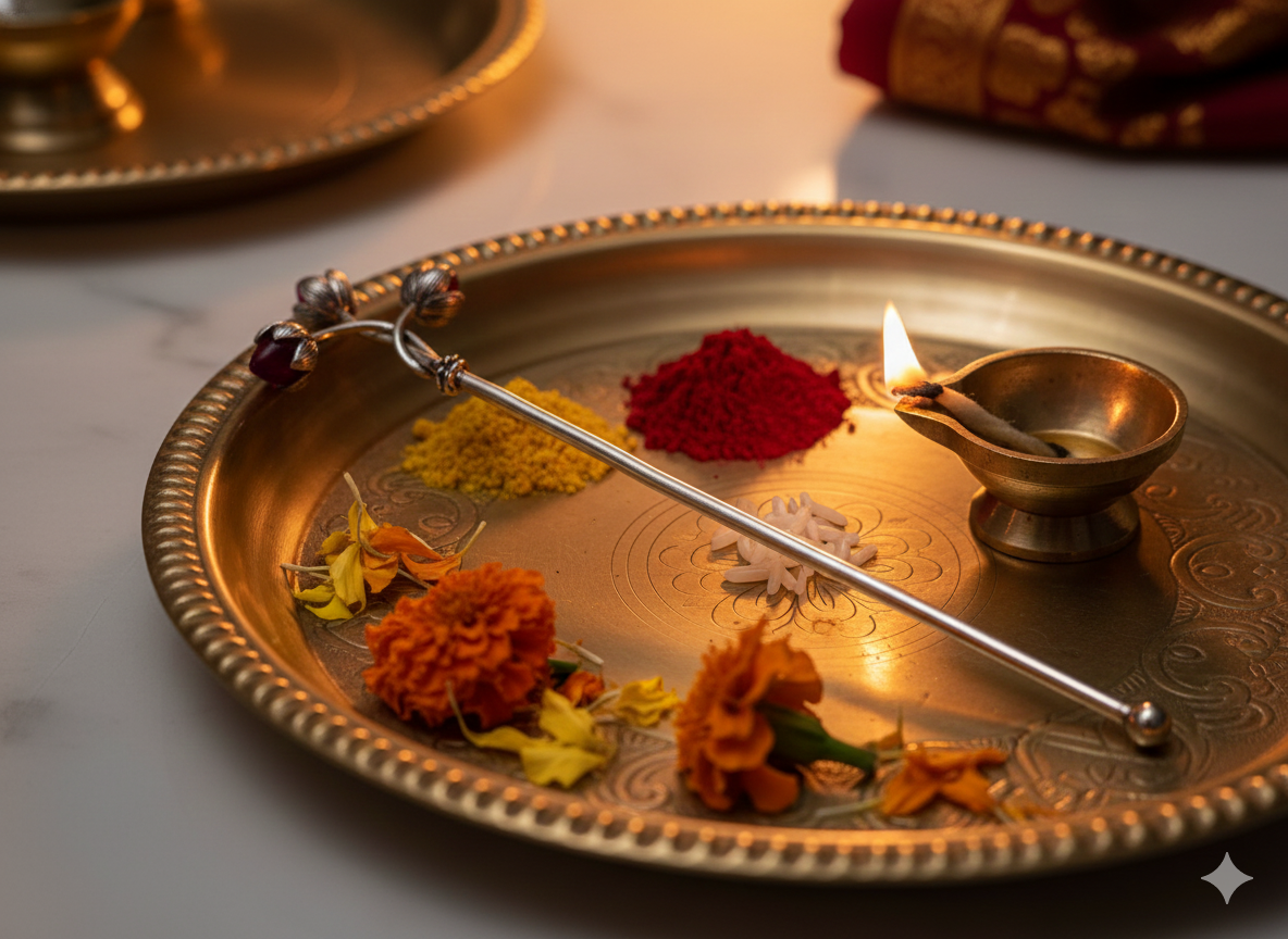 Pure Silver Plated Brass Trishakti Tilak Stick with Ruby Accents | Sacred Triple Flower Design | Premium Pooja & Temple Accessory | Artisan Ritual Tool