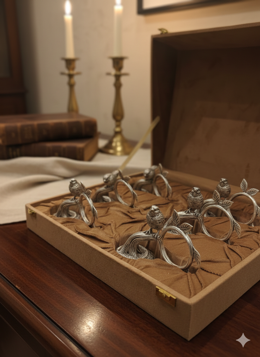 Pure Silver Plated Brass Bird on Branch Napkin Ring Set | Luxury Nature-Inspired Table Décor | Set of 4 or 6 | Premium Dining Accessory