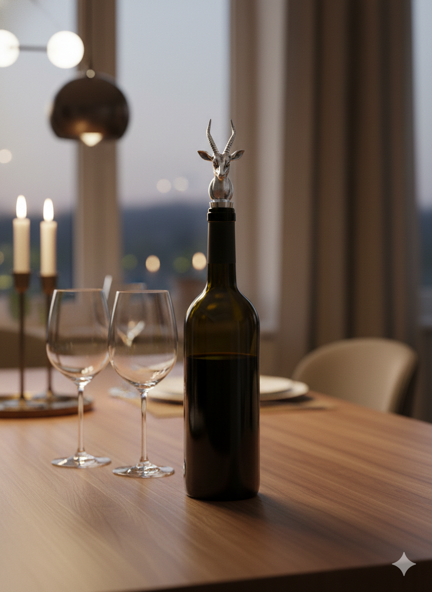 Pure Silver Plated Brass Antelope Wine Bottle Stopper | Luxury Gazelle Head with Spiral Horns | Premium Safari Bar Accessory | Gift for Wine Lovers