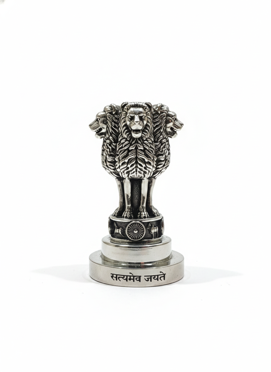 SABERA National Emblem Ashoka Lion Paperweight in Brass with Pure Silver Polish | “Satyameva Jayate” Engraved | Premium Desk Décor & Patriotic Gift