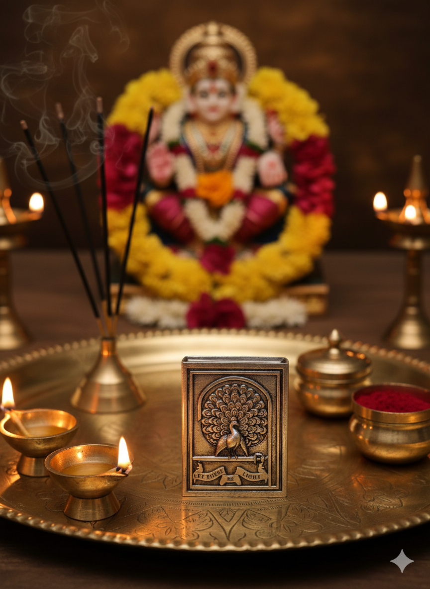 Pure Silver Plated Brass Peacock Matchbox Cover | "Let There Be Light" Sacred Design | Premium Pooja & Home Décor Accessory