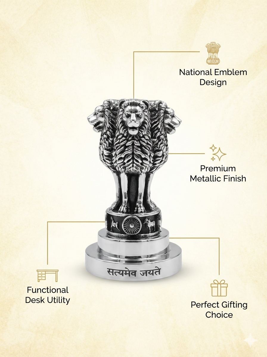 SABERA National Emblem Ashoka Lion Paperweight in Brass with Pure Silver Polish | “Satyameva Jayate” Engraved | Premium Desk Décor & Patriotic Gift