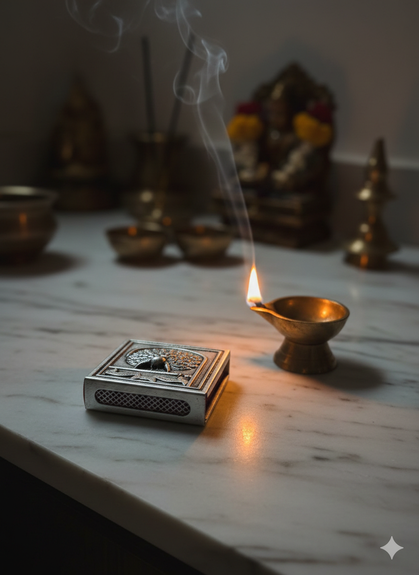 Pure Silver Plated Brass Peacock Matchbox Cover | "Let There Be Light" Sacred Design | Premium Pooja & Home Décor Accessory