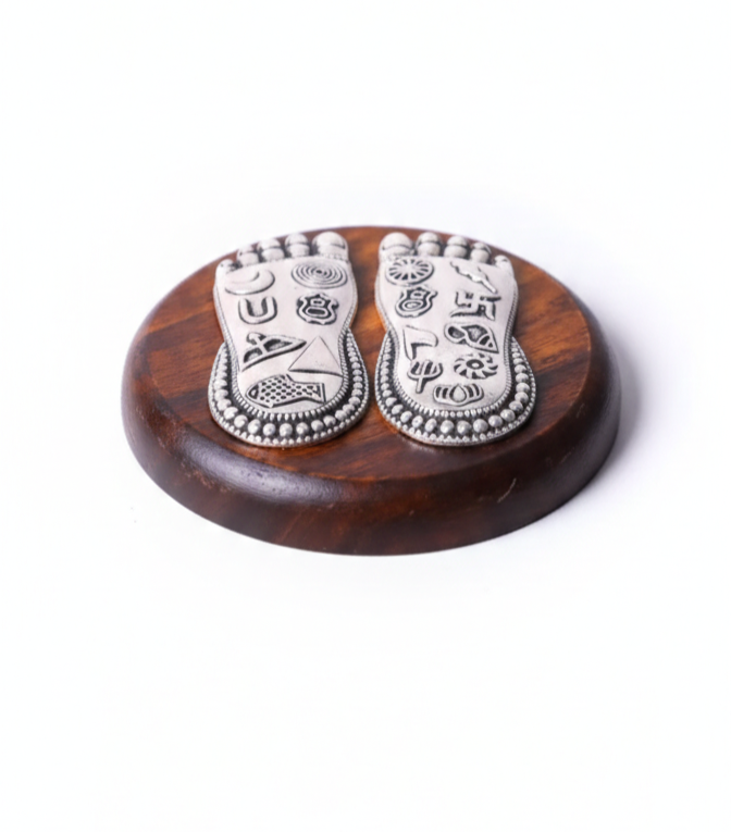 Silver Plated Brass Lakshmi Charan | Sacred Goddess Feet with Ashtamangala Symbols | Available on Rose Quartz or Wooden Base | Premium Pooja & Vastu Décor