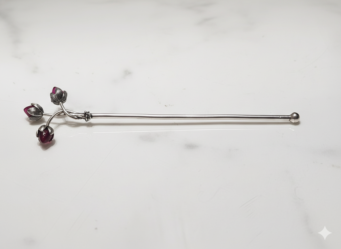 Pure Silver Plated Brass Trishakti Tilak Stick with Ruby Accents | Sacred Triple Flower Design | Premium Pooja & Temple Accessory | Artisan Ritual Tool