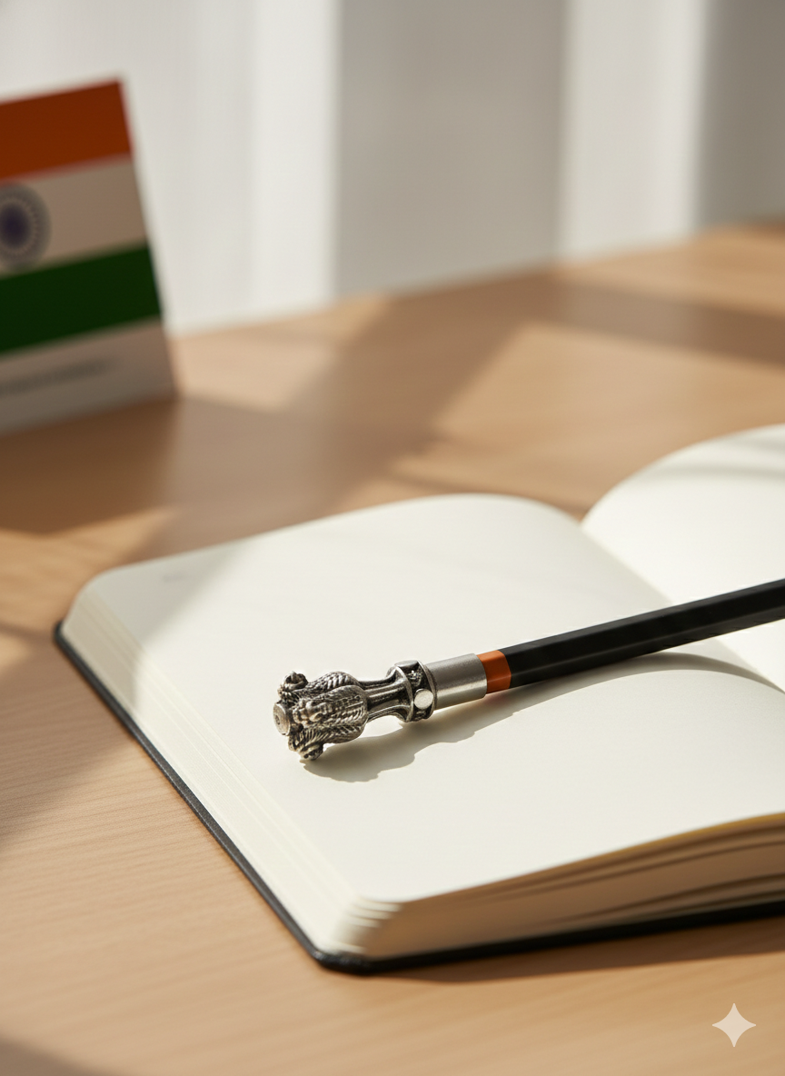 Pure Silver Plated Brass Ashoka Pillar Pencil Topper | National Emblem of India | Luxury Patriotic Desk Accessory | Premium Republic Day & Independence Day Gift