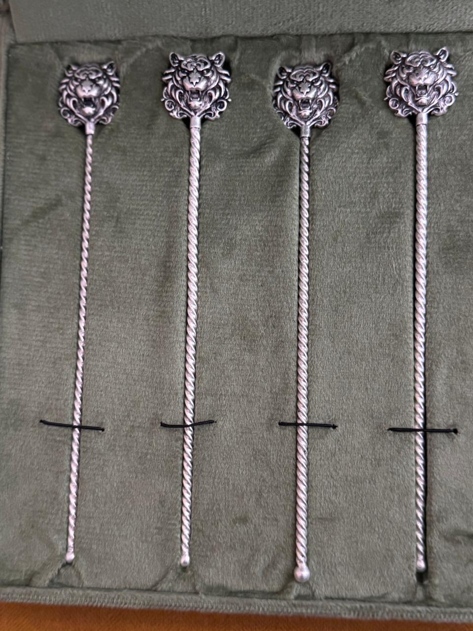 Luxury Silver Tiger Head Stirrer Set – Set of 4 in Velvet Box