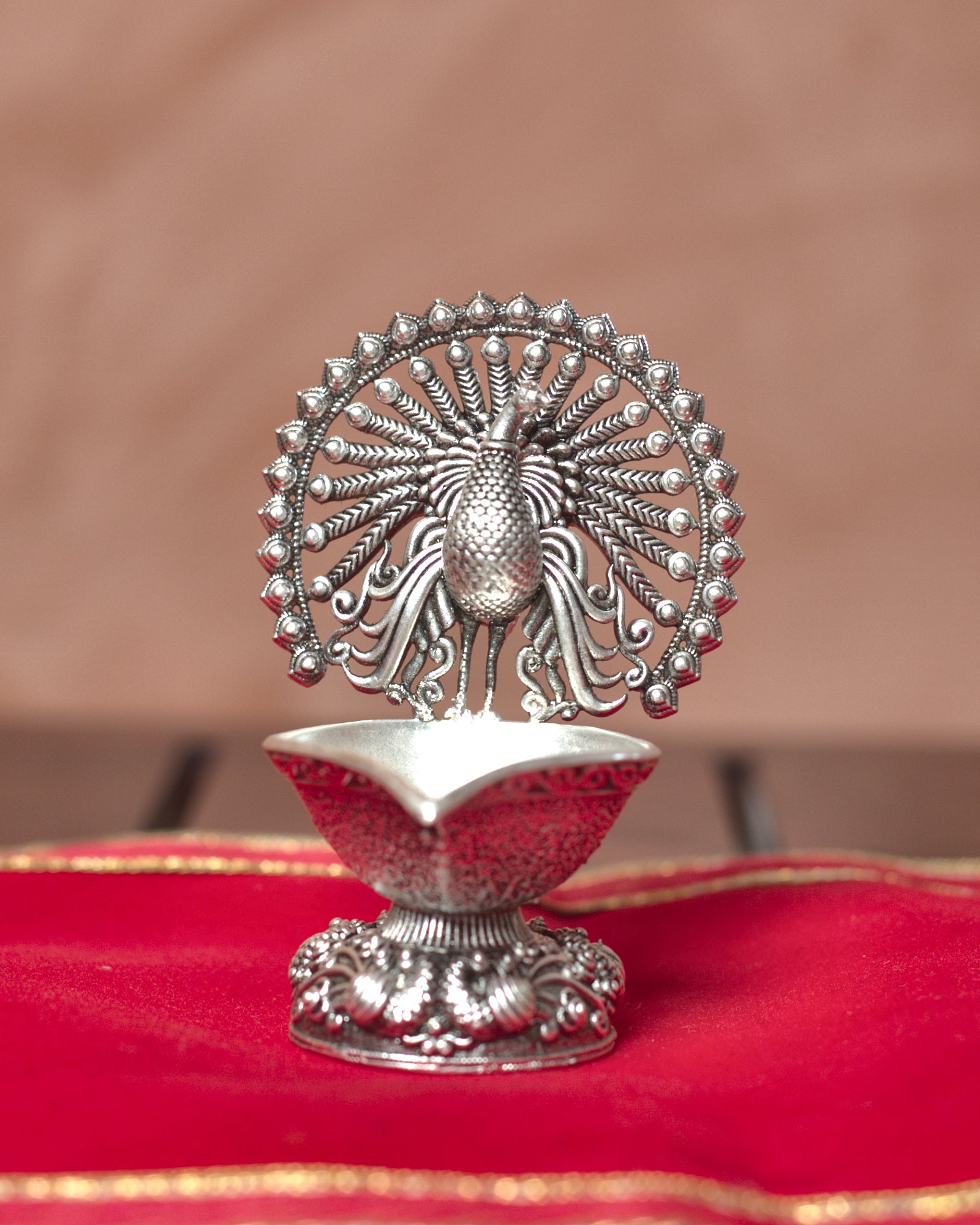 Peacock Diya in Pure Silver Plating
