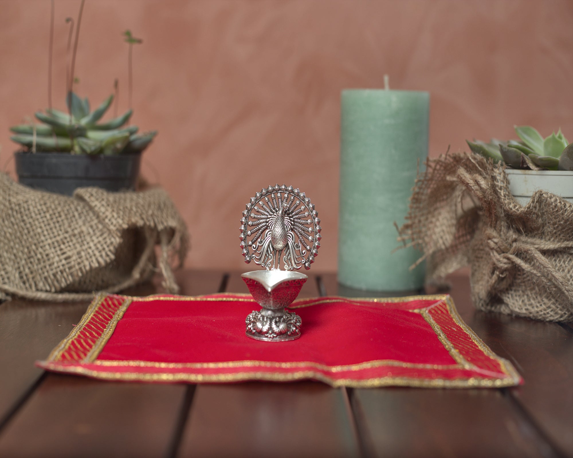 Peacock Diya in Pure Silver Plating
