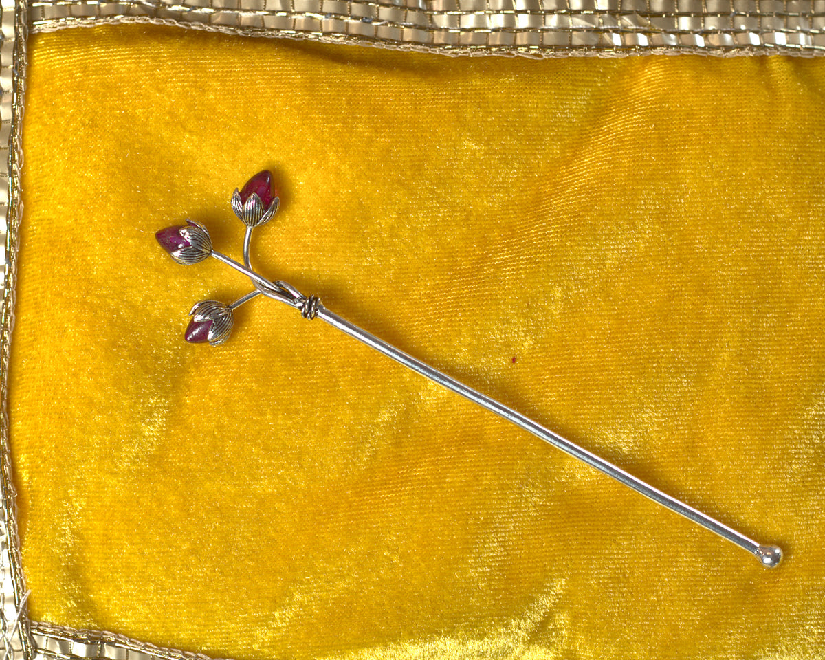 Trishakti Tilak Stick with Ruby Accents in Pure Silver Plating