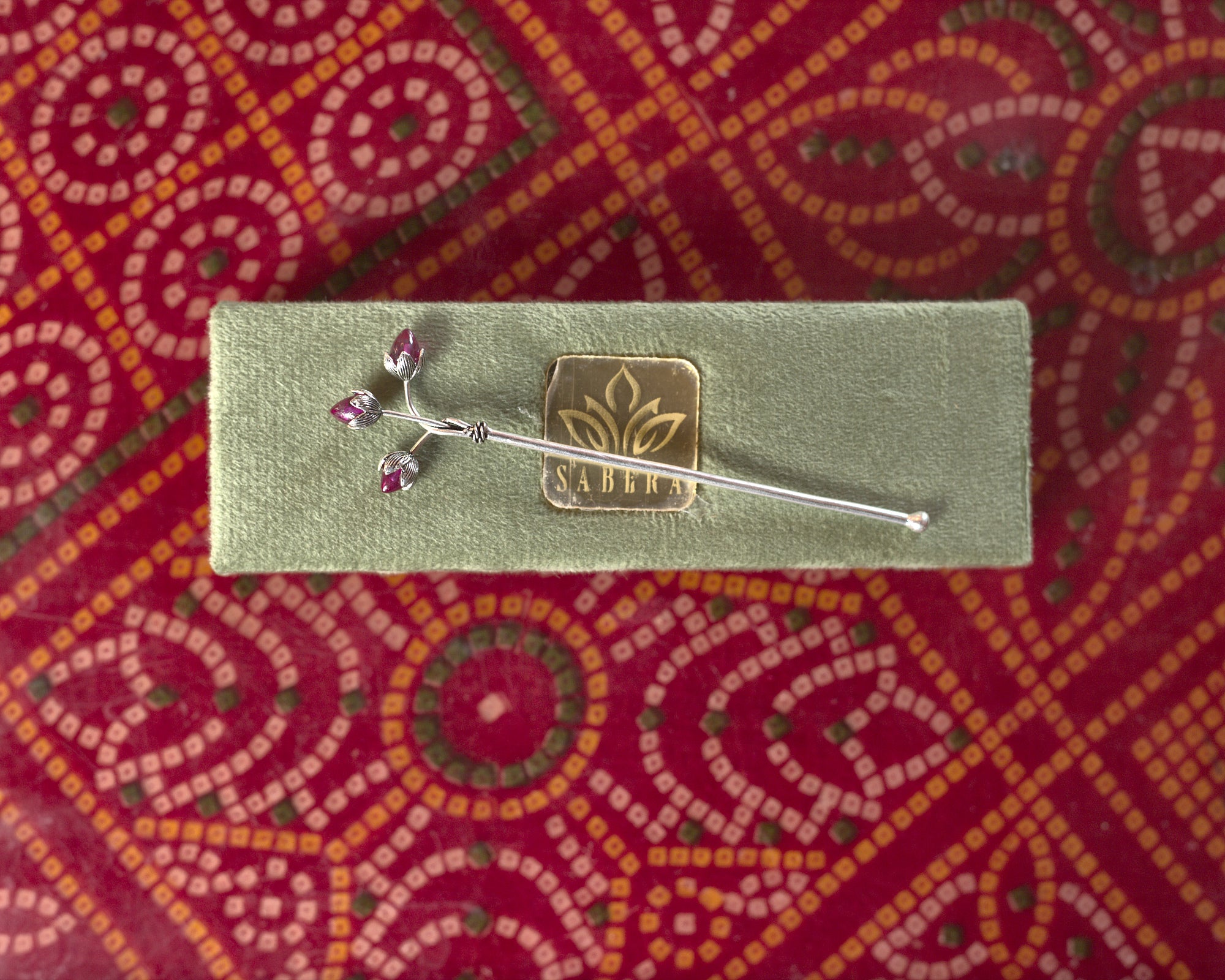 Trishakti Tilak Stick with Ruby Accents in Pure Silver Plating