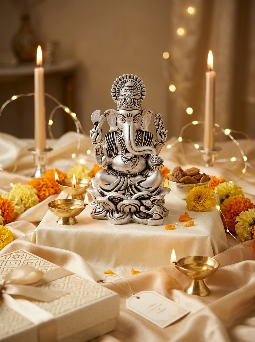 Chaturbhuj Ganapati Idol in Pure Silver Plating