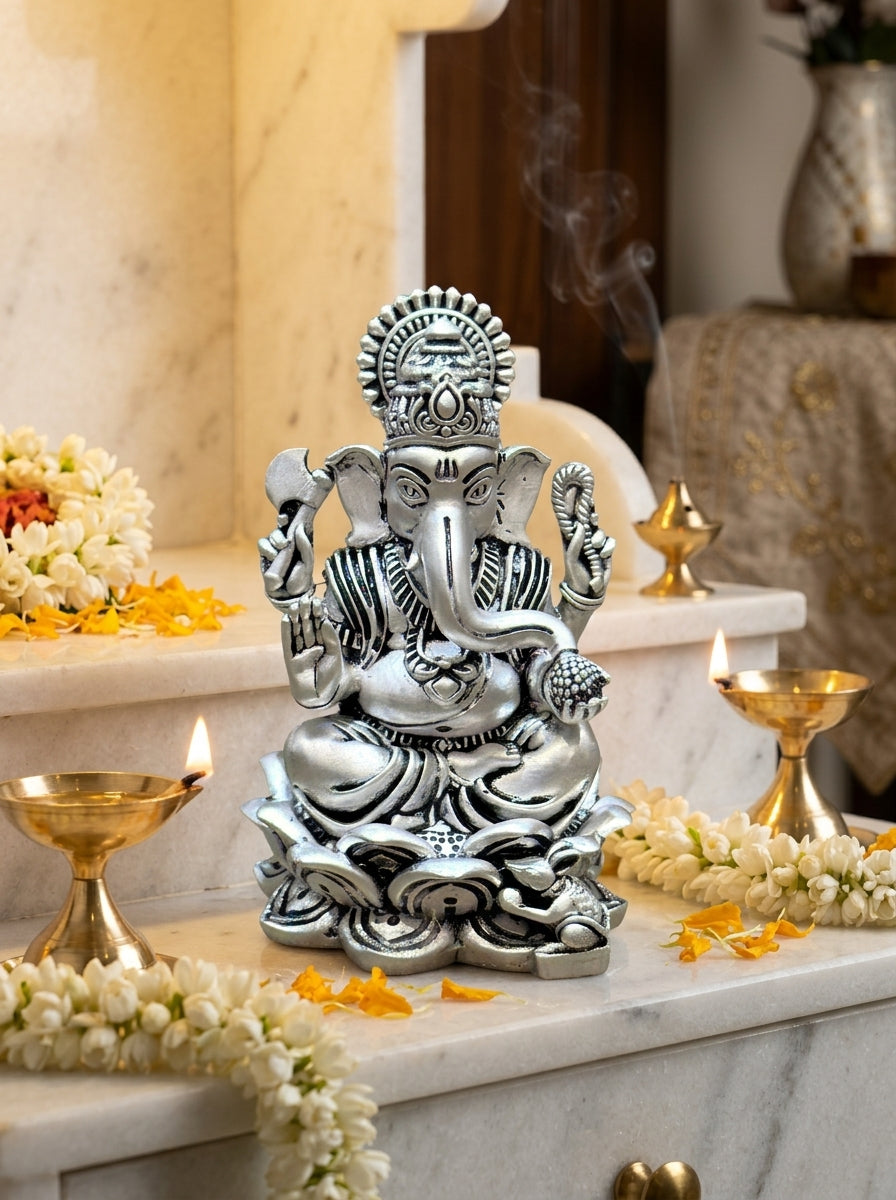 Chaturbhuj Ganapati Idol in Pure Silver Plating