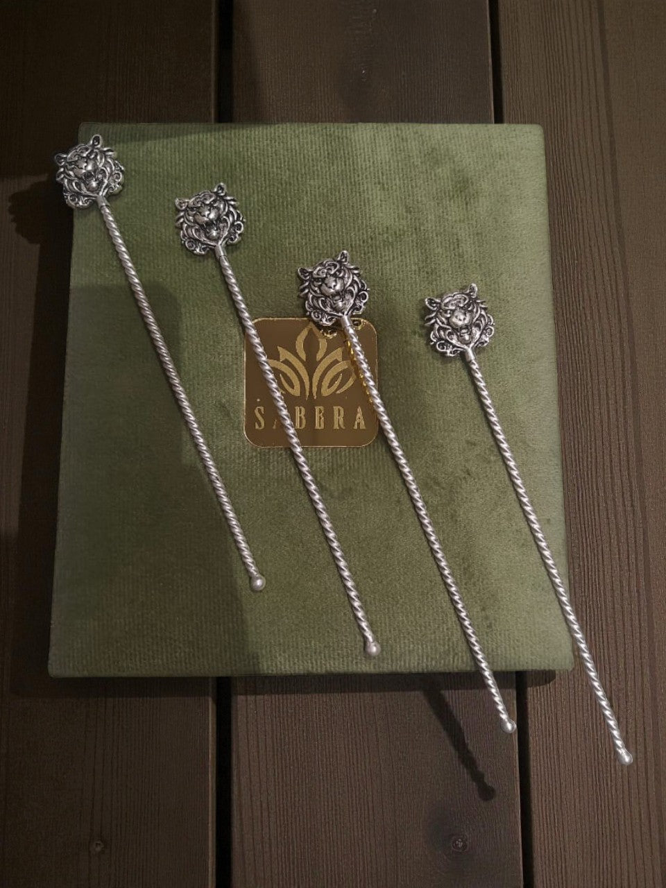 Luxury Silver Tiger Head Stirrer Set – Set of 4 in Velvet Box