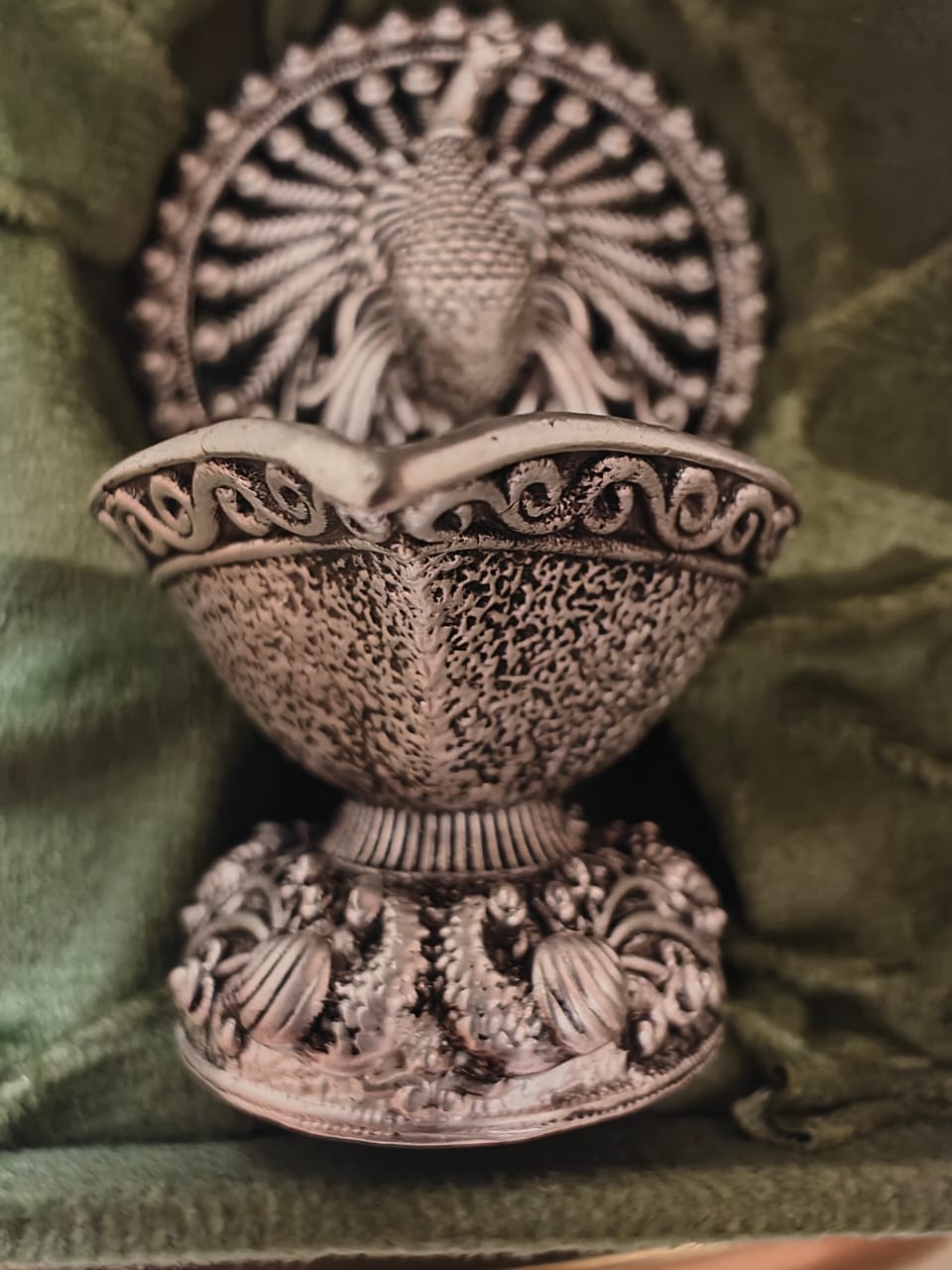 Elegant Silver Peacock Diya – Handcrafted Decorative Oil Lamp