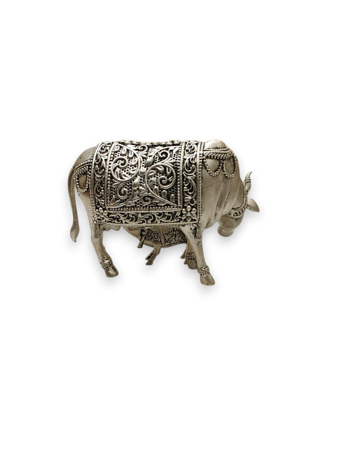 Pure Silver Plated Brass Kamdhenu Cow & Calf Sculpture | Sacred Wish-Fulfilling Divine Mother | Premium Vastu & Spiritual Décor | Artisan Temple Piece