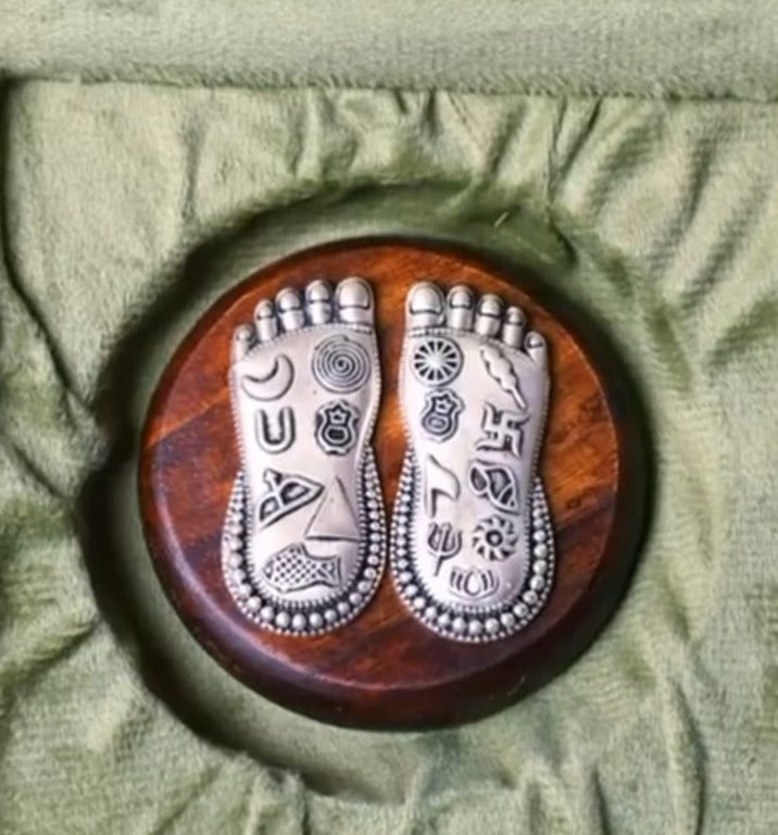 Silver Plated Brass Lakshmi Charan | Sacred Goddess Feet with Ashtamangala Symbols | Available on Rose Quartz or Wooden Base | Premium Pooja & Vastu Décor