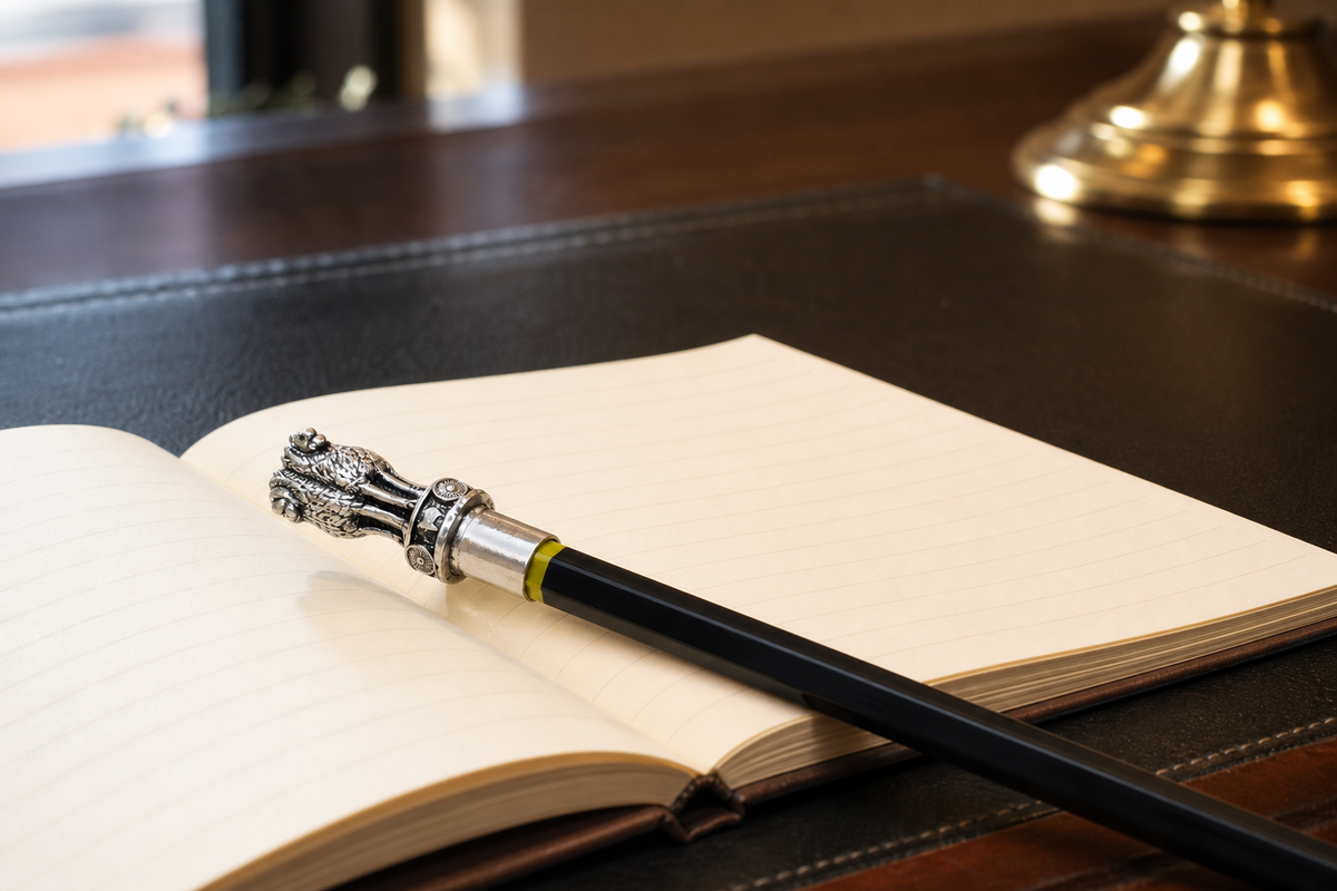 Ashoka Pillar silver-plated pencil topper resting across an open notebook on a desk