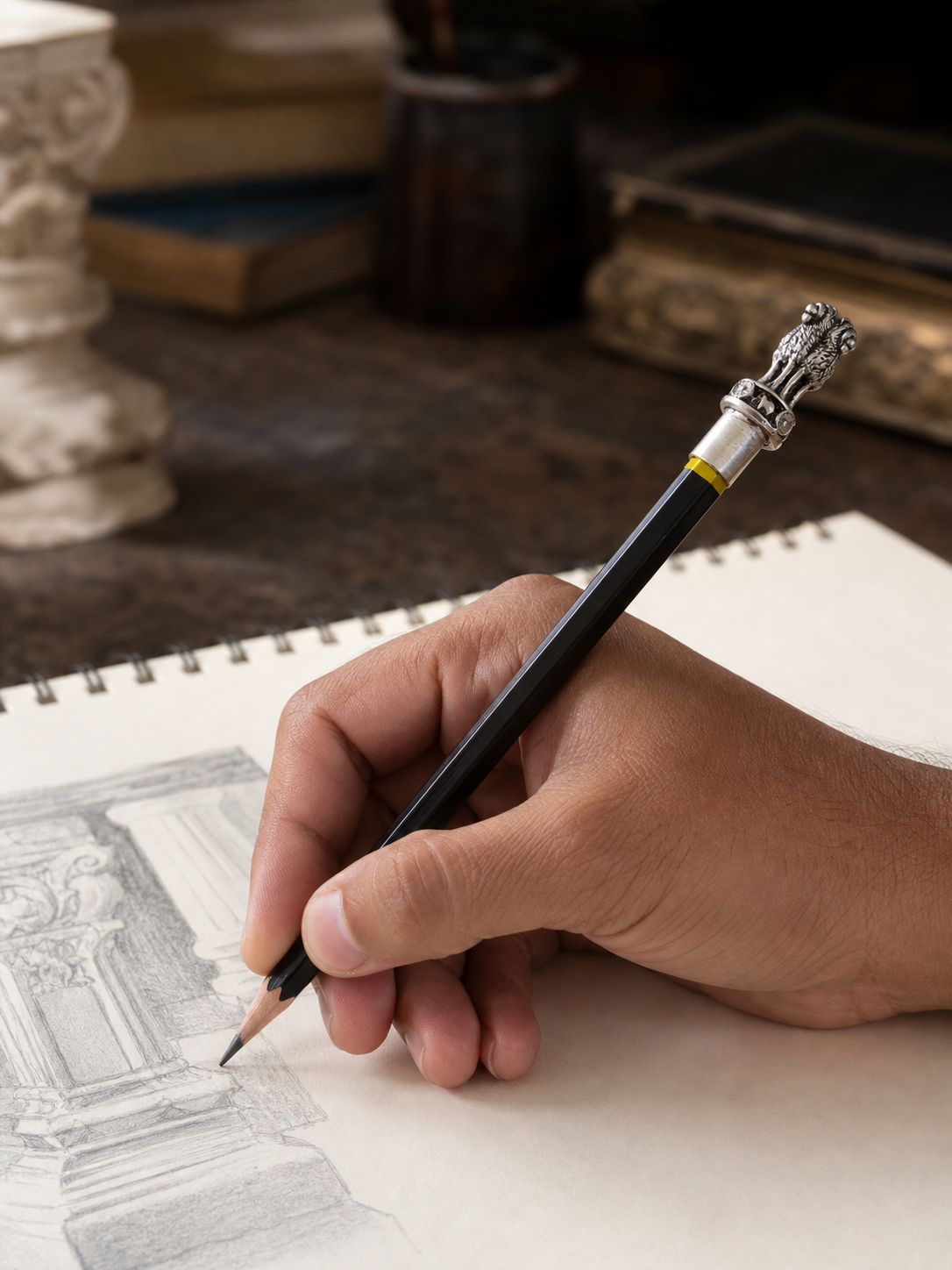 Ashoka Pillar silver-plated pencil topper in use while sketching