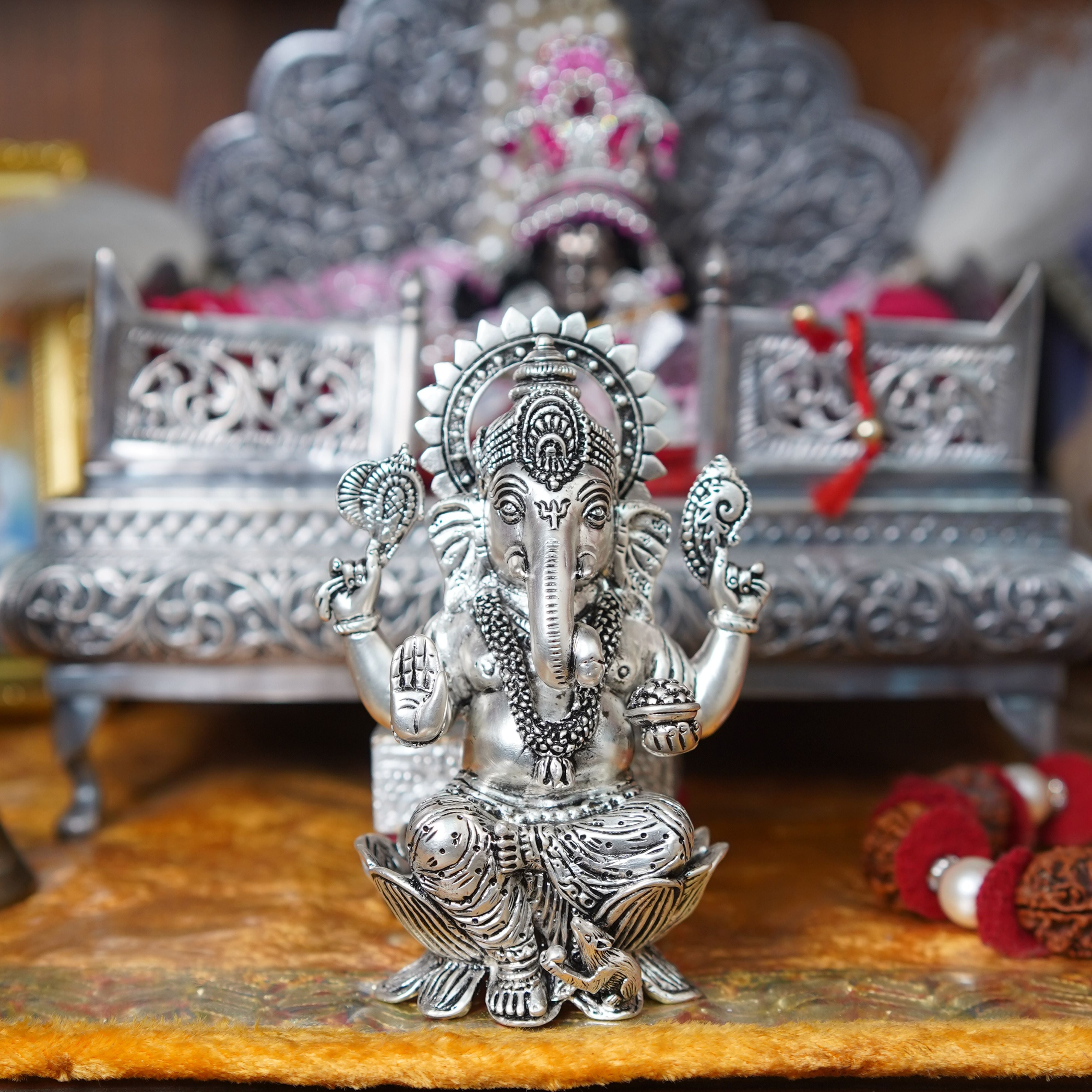 Divine Silver-Plated Ganesh Ji Idol on Lotus