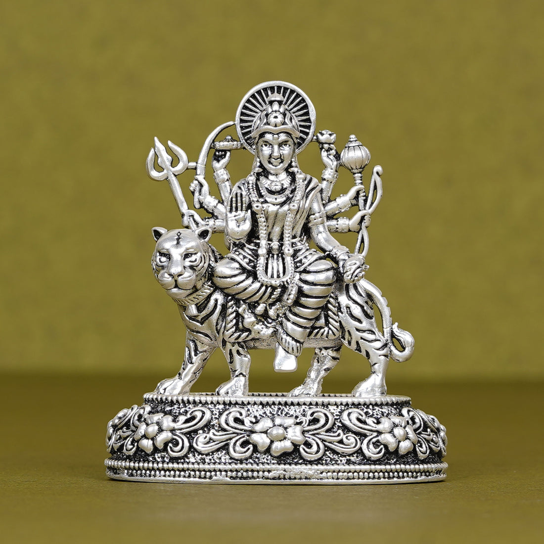 Durga Ji on Tiger Idol in Silver Plating for Car Dashboard