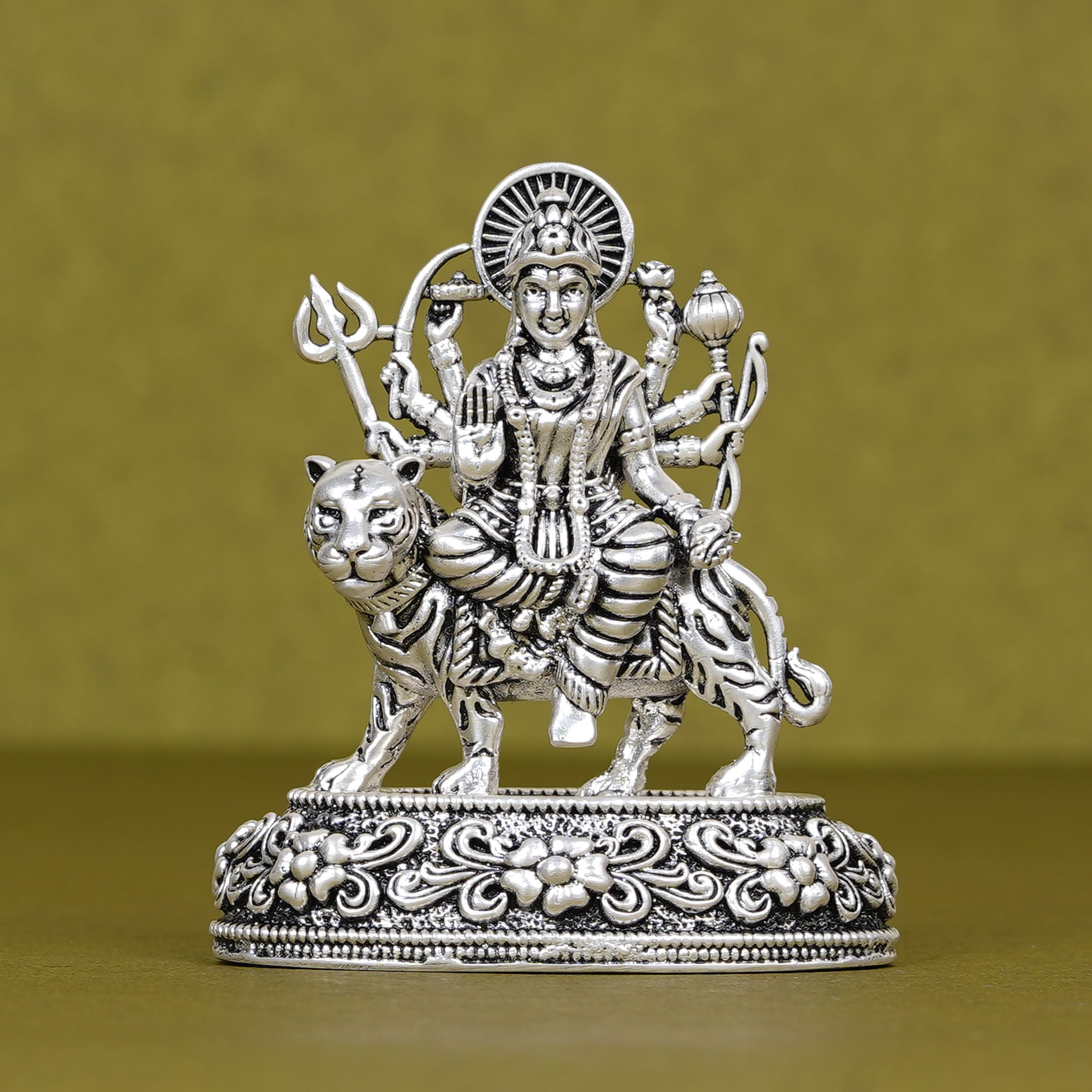 Durga Ji on Tiger Idol in Silver Plating for Car Dashboard